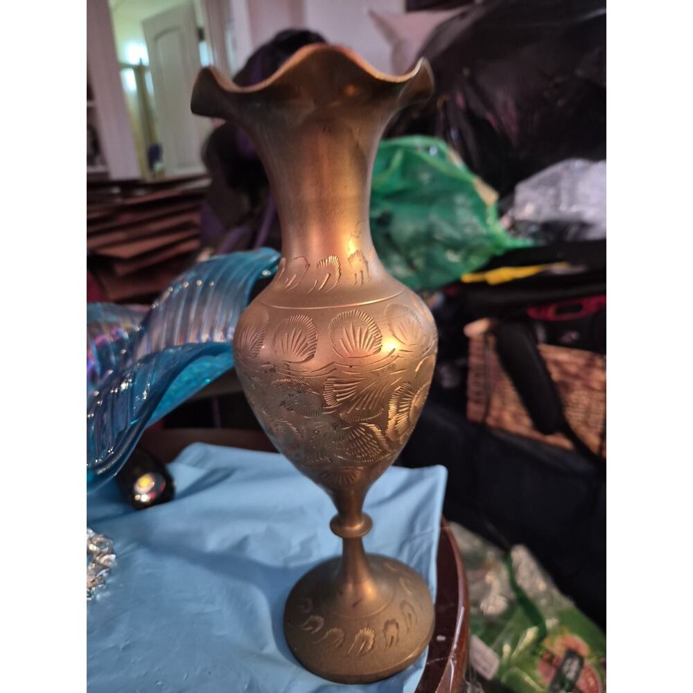 VTG Etched Brass Vase Floral Engraved Scalloped Rim Pedestal India Boho Decor